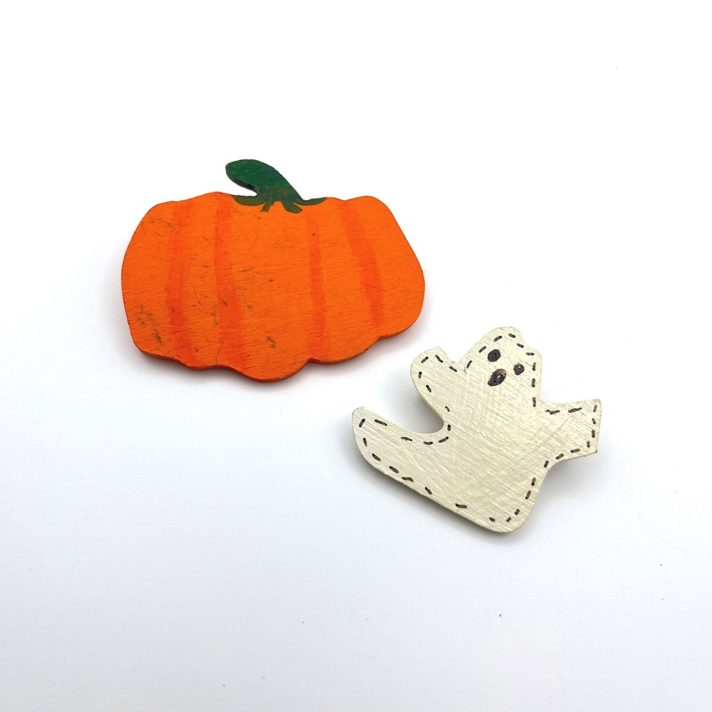 Vintage Halloween Wood Brooch Pin Set Pumpkin Ghost Hand Painted Orange White